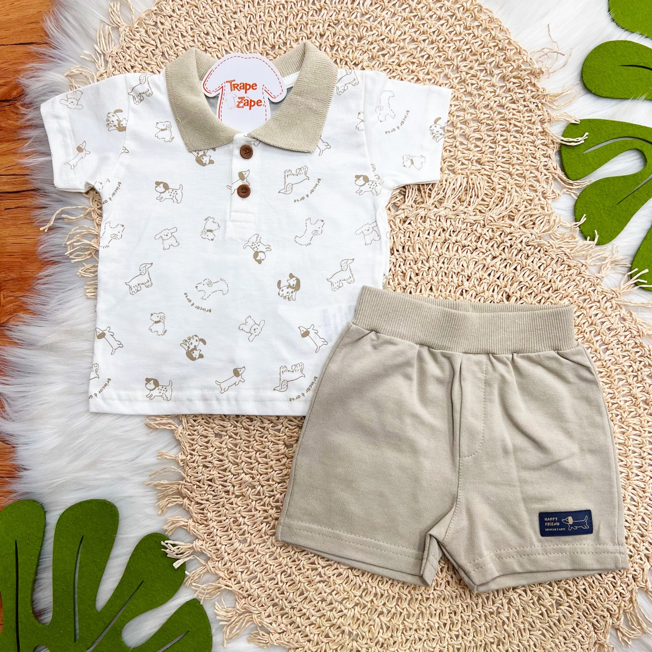 Conj. Camiseta Gola Polo Happy Friend e Bermuda - Off White e Areia